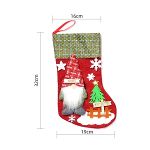 Detail of 32cm large linen Christmas stocking with 3D gnome and Merry Christmas sign