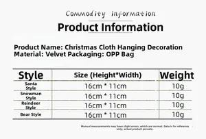 Size chart showing 16x11cm dimensions for plush Santa, Snowman, Deer, and Bear ornaments
