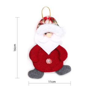 Detail view of 16cm handmade Santa fabric ornament with snowflake button and dimensions