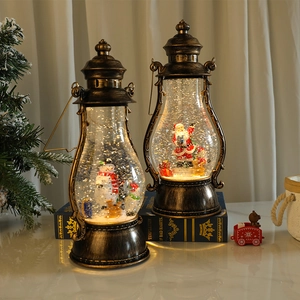 Linterna de agua navideña de bronce vintage con Papá Noel y muñeco de nieve con luz LED