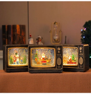 Three vintage Christmas TV lanterns with warm lights, glitter snow, and festive scenes
