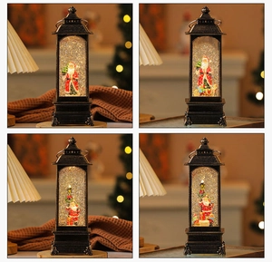 Close-up of four vintage glowing Christmas lanterns with Santa Claus and glitter