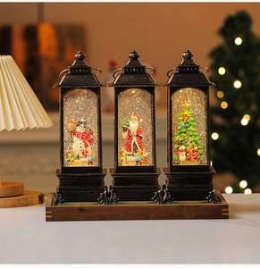 Retro Christmas lanterns featuring Santa and snowman with festive golden glitter