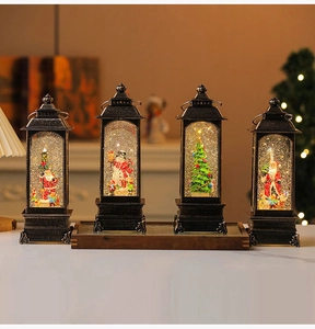 Detailed view of four vintage Christmas lanterns with LED lighting and festive miniatures