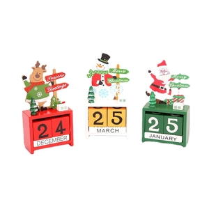 Three wooden Christmas advent calendars with reindeer, snowman, and Santa figures