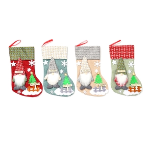 Set of 4 large Christmas stockings with 3D gnomes, rustic burlap, and knit fabrics