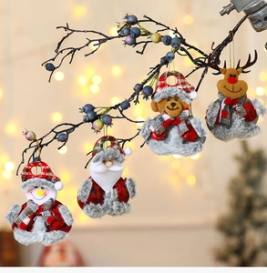 Detail of fabric Christmas ornaments set with snowman, Santa, and reindeer figures