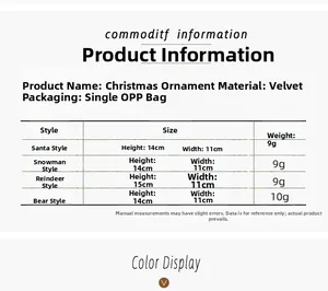 Size chart showing fabric Christmas tree ornaments with dimensions for various styles