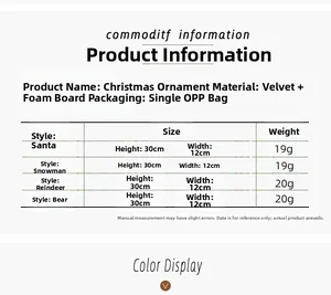 Size chart showing parameters of Christmas fabric ornaments like Santa and Snowman