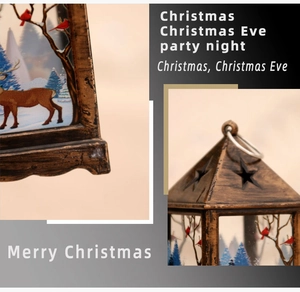 Close-up of vintage bronze Christmas lantern featuring reindeer forest art and star cutouts
