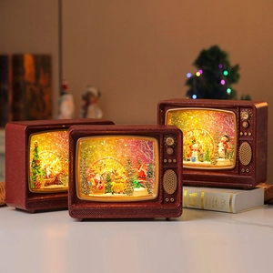 Vintage TV Christmas ornament with LED lights, music and swirling glitter snow effect