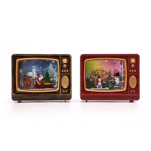 Retro Christmas TV ornaments with music and snow scene featuring Santa and snowmen