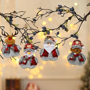Set of four plush Christmas ornaments featuring Santa, reindeer, snowman, and bear