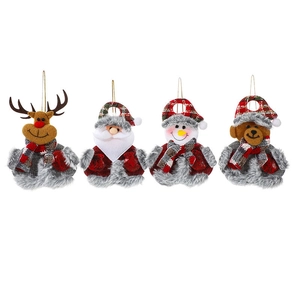 Set of 4 plush Christmas tree hanging ornaments featuring Santa, Reindeer, Snowman and Bear