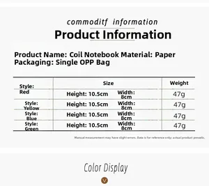 Size chart for A7 spiral notebook showing dimensions 10.5x8cm and weight specifications