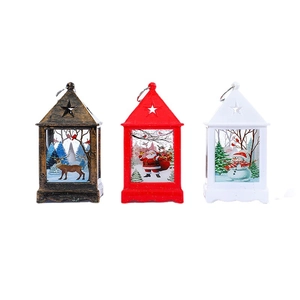 Three Christmas lantern decorations in bronze, red, and white with festive holiday illustrations