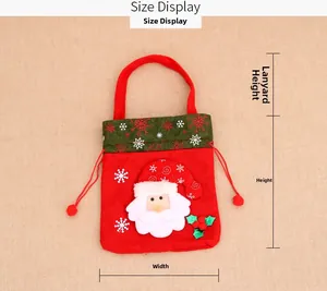 Close-up of red Christmas drawstring gift bag with 3D Santa Claus applique and snowflakes