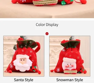 Detail of Christmas drawstring gift bags featuring 3D Santa and Snowman designs