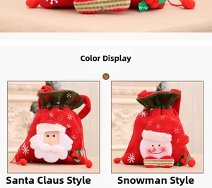 Detail of Christmas drawstring gift bags featuring 3D Santa and Snowman designs