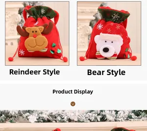 Detail view of red Christmas drawstring gift bags featuring reindeer and bear designs