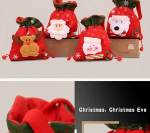 Detail of Christmas drawstring gift bags featuring 3D Santa, Reindeer, and Snowman characters