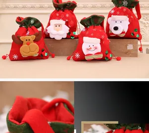 Detail of Christmas drawstring gift bags featuring 3D Santa, Reindeer, and Snowman characters
