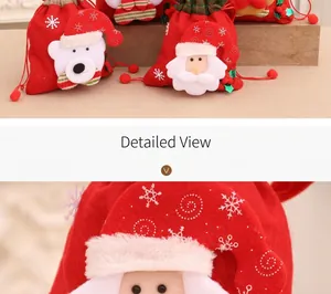 Macro view of Christmas drawstring gift bag with 3D Santa Claus and plush texture