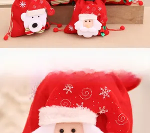 Macro view of Christmas drawstring gift bag with 3D Santa Claus and plush texture