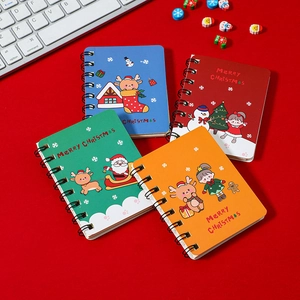 Set of four A7 Christmas spiral notebooks with cartoon Santa and reindeer on red background