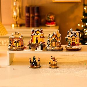 Glowing Christmas Village House Resin Miniature LED Snow House Desktop Ornament Festive Holiday Figurines Home Decor Gift