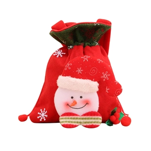 Red Christmas drawstring gift bag with 3D snowman, snowflakes, and holly decoration