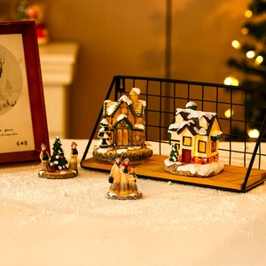 Luminous resin Christmas miniature village house set with snowy trees and figures