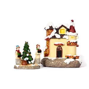 Luminous resin Christmas house set with snowy tree and figurines for desk decoration