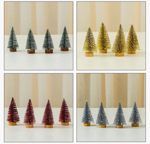 Mini 10cm glitter Christmas trees in four colors with snow effect and wooden bases