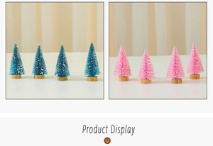 Mini cedar Christmas trees with snow effect on wooden bases in pink and blue tones