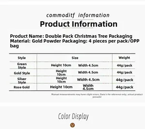 Size chart for 10cm mini glitter cedar Christmas trees including height and weight details