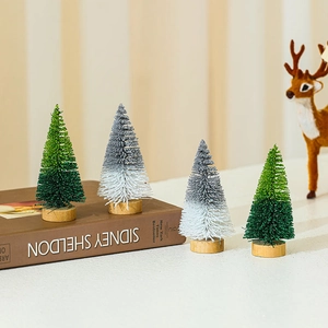 Mini cedar Christmas tree set of 4 with sisal needle texture and wooden base for desktop