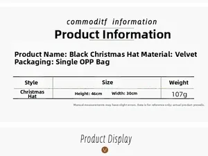 Specifiche dimensionali per cappello natalizio in velluto nero da 46x30cm e peso 107g
