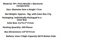 Specifications for LED Christmas pine tree with PP material and AG10 battery details