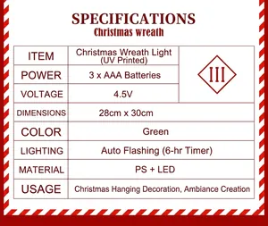 Detailed specs for LED Christmas wreath featuring auto-flash and 6H timer function