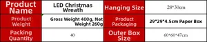 Detailed specifications table for LED Christmas wreath with dimensions 28x30cm and box packaging
