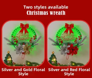 Detail of Christmas wreaths with LED lights, red berries and Merry Christmas signage