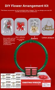 Detailed components of a DIY Christmas wreath with red berries, pine needles and bow