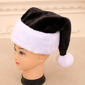 Cappello Di Babbo Natale Nero Peluche Lungo Ispessito Con Bordo In Pelliccia Bianca Pompon Accessorio Per Costume Da Festa