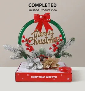 Detail of illuminated Christmas wreath with red berries, pine needles and battery box