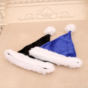 Classici cappelli natalizi in peluche nero e blu con bordo in finta pelliccia bianca