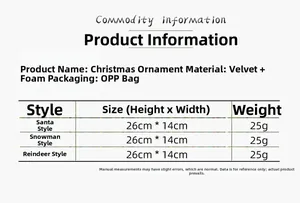 Size chart for Christmas plush ornaments featuring Santa, Snowman, and Reindeer styles