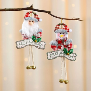 Christmas Santa and Snowman hanging ornaments with Feliz Navidad banner and bells