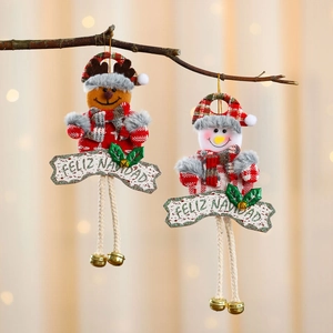 Christmas plush reindeer and snowman ornaments with Feliz Navidad banner and gold bells