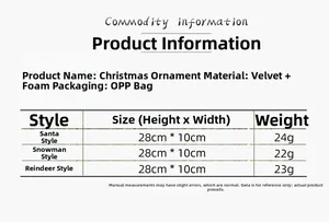 Detaillierte Größentabelle für Weihnachtsanhänger mit Maßen und Materialangaben